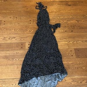 Black and white polka dot midi halter dress